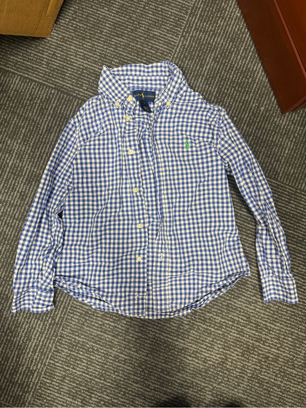 Boys size 6 Polo by Ralph Lauren Blue & White Gingham Button-Down Shirt